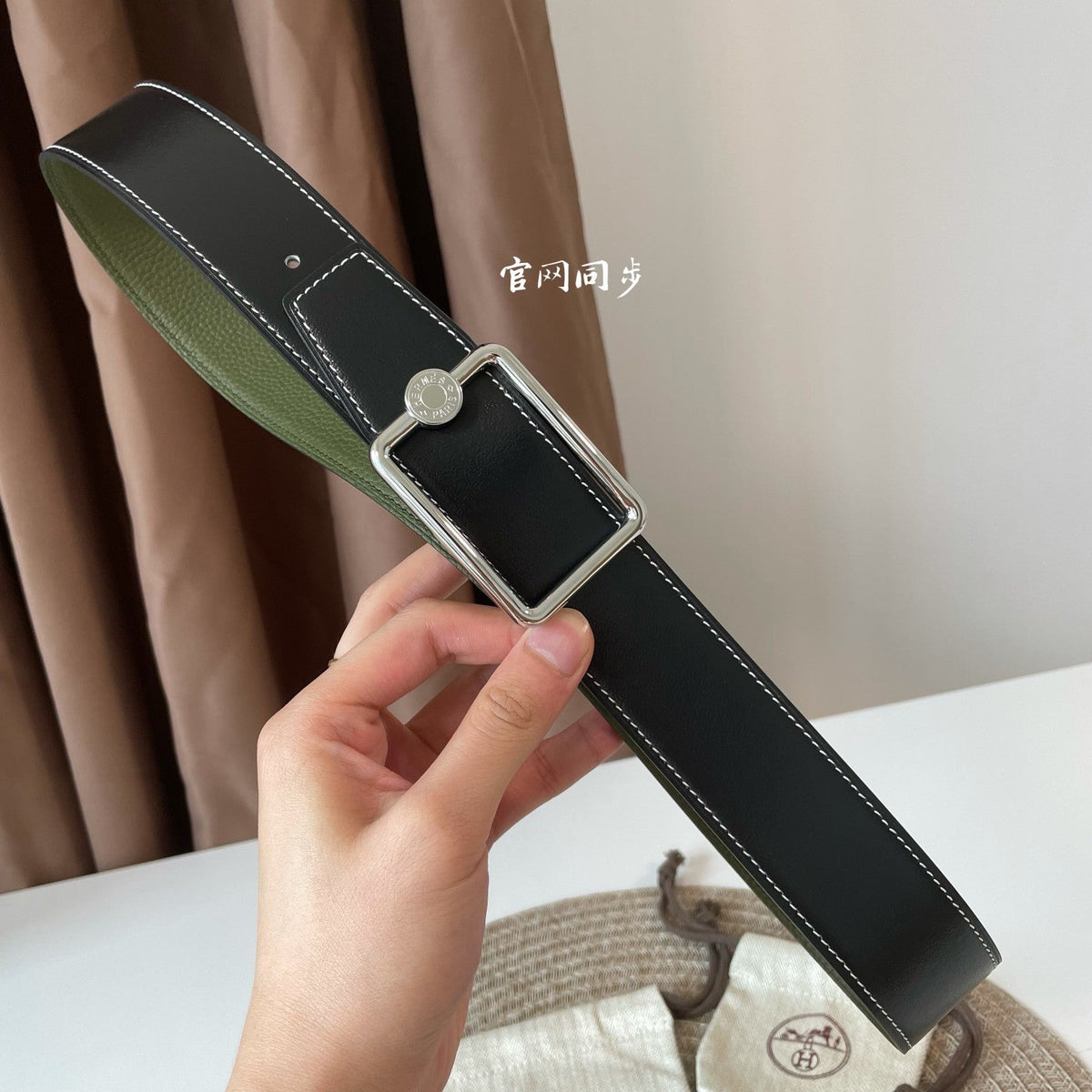 HERMES OSCAR BELT BUCKLE & REVERSIBLE OLIVE GREEN AND BLACK LEATHER STRAP 38MM SILVER HARDWARE