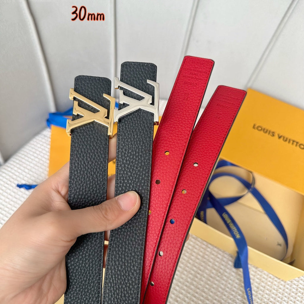 LOUIS VUITTON LV Initiales 30mm Reversible Belt Silver Buckle Red Black Leather