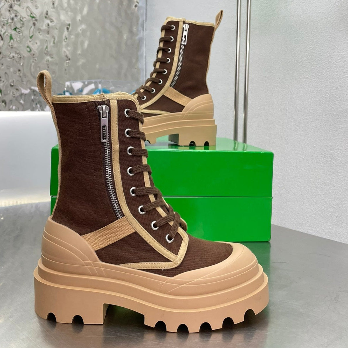 BOTTEGA VENETA RIBBON BOMBER LACE-UP BOOTS IN RUSSET MIX PEANUT BROWN CANVAS