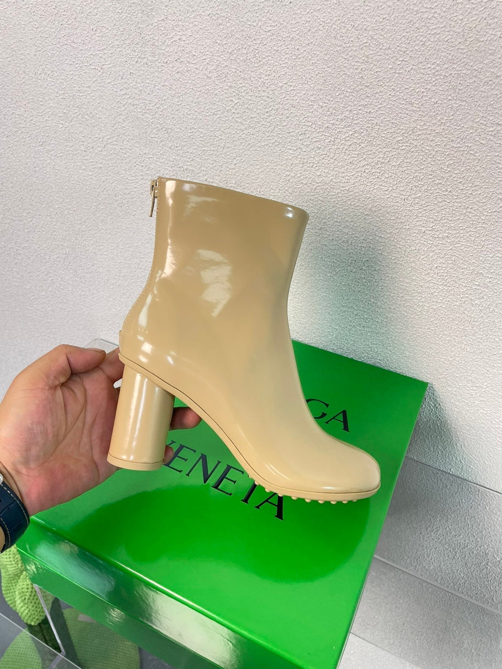 BOTTEGA VENETA ATOMIC ANKLE BOOT IN KHAKI TAN CALFSKIN 75 MM