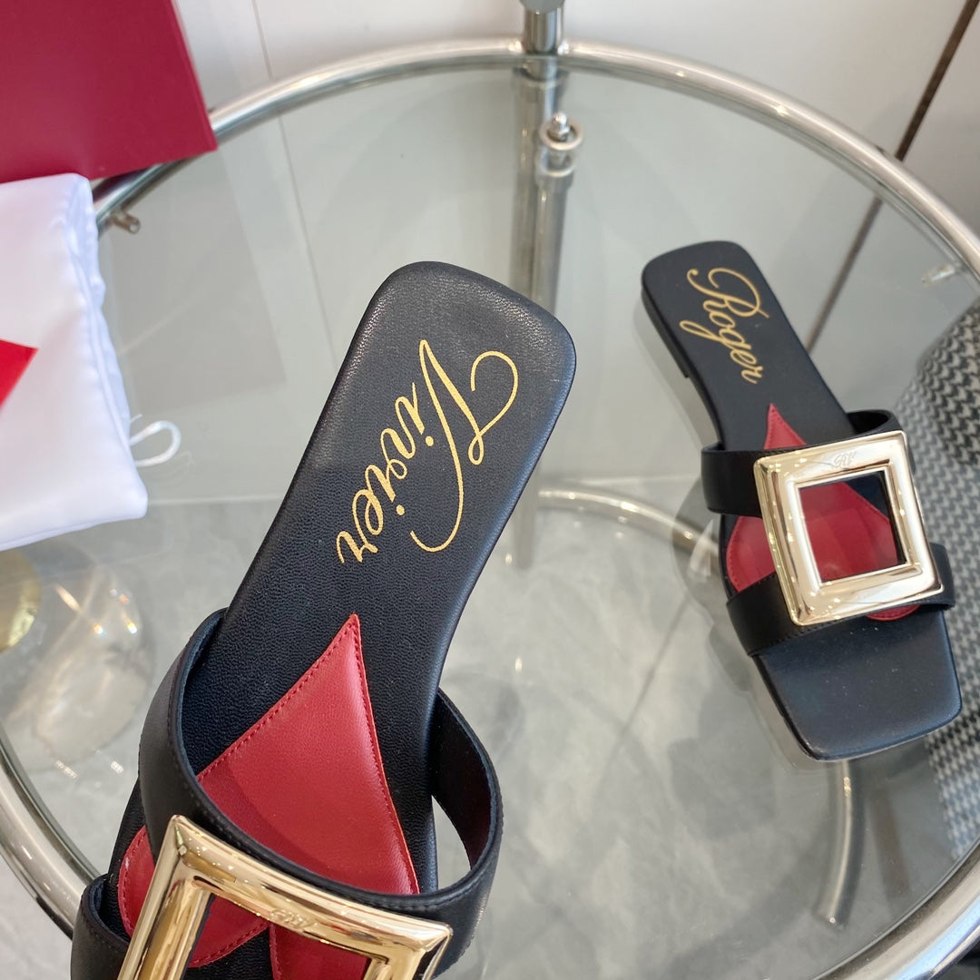 VIV' BY THE SEA LOVE METAL MULES IN BLACK CALFSKIN GOLD BUCKLE
