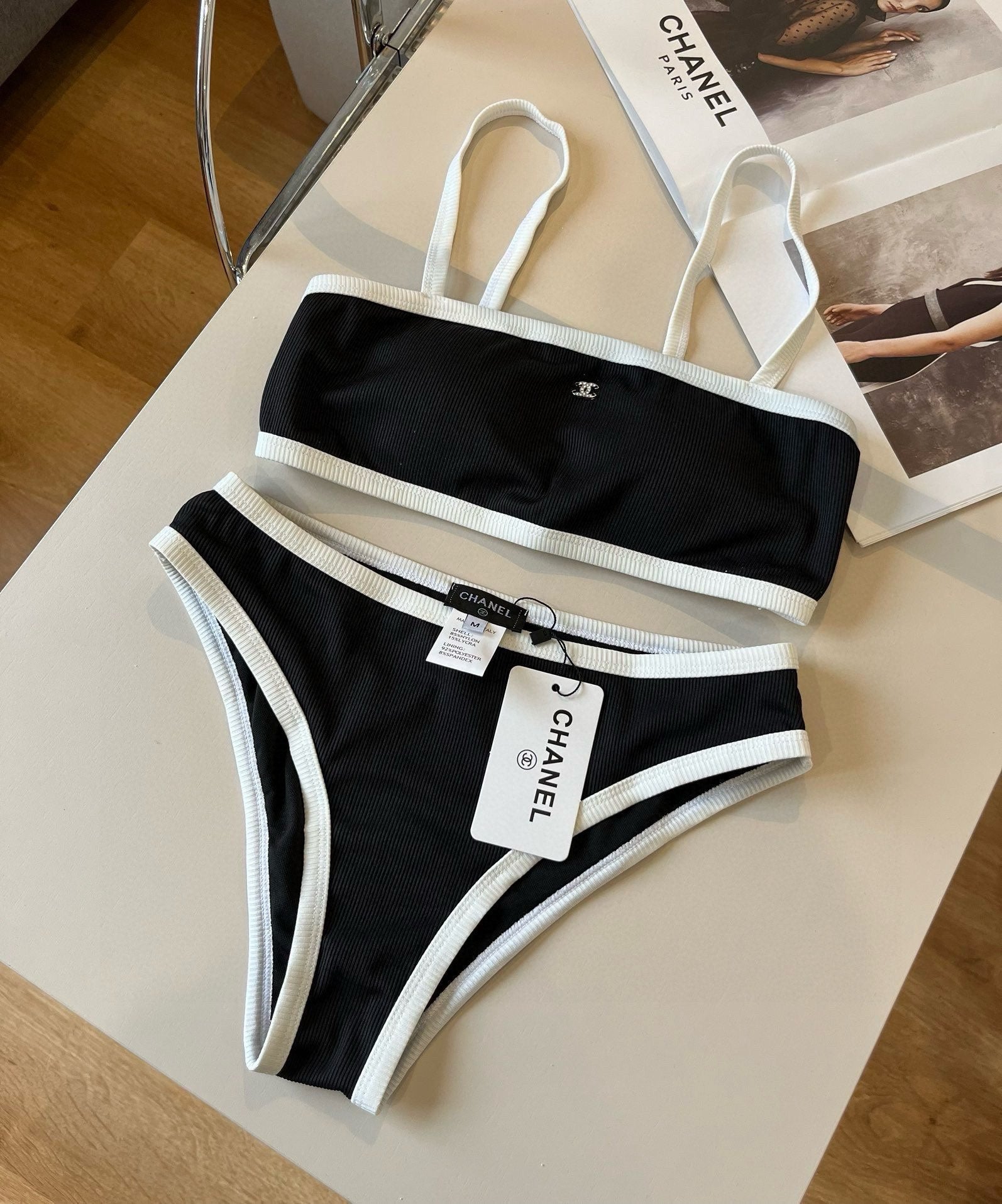CHANEL BIKINI SWIMSUIT SET BLACK WHITE 174796