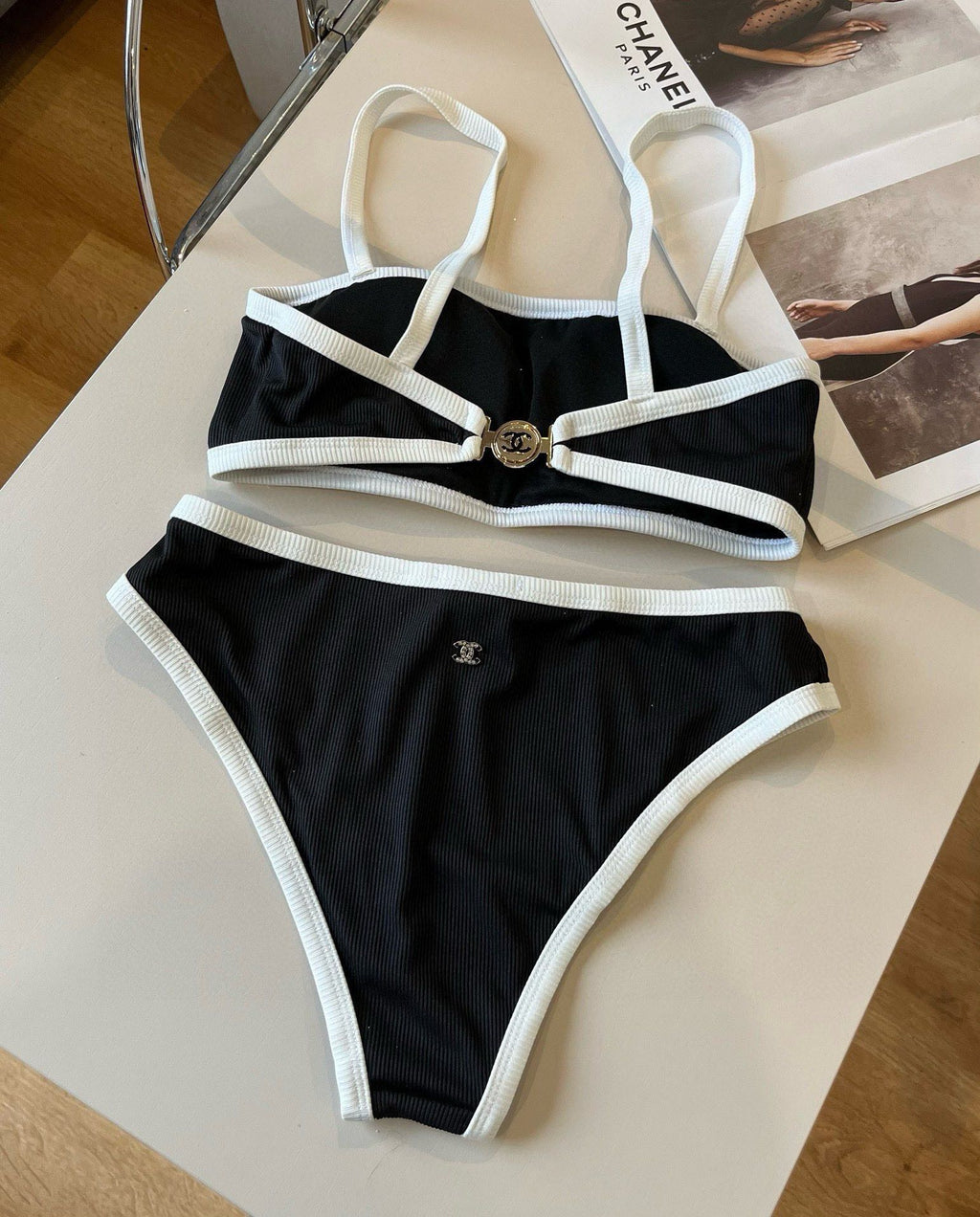 CHANEL BIKINI SWIMSUIT SET BLACK WHITE 174796
