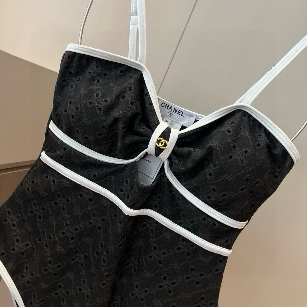 CHANEL BIKINI SWIMSUIT SET IN BLACK AND WHITE TRIM 594785