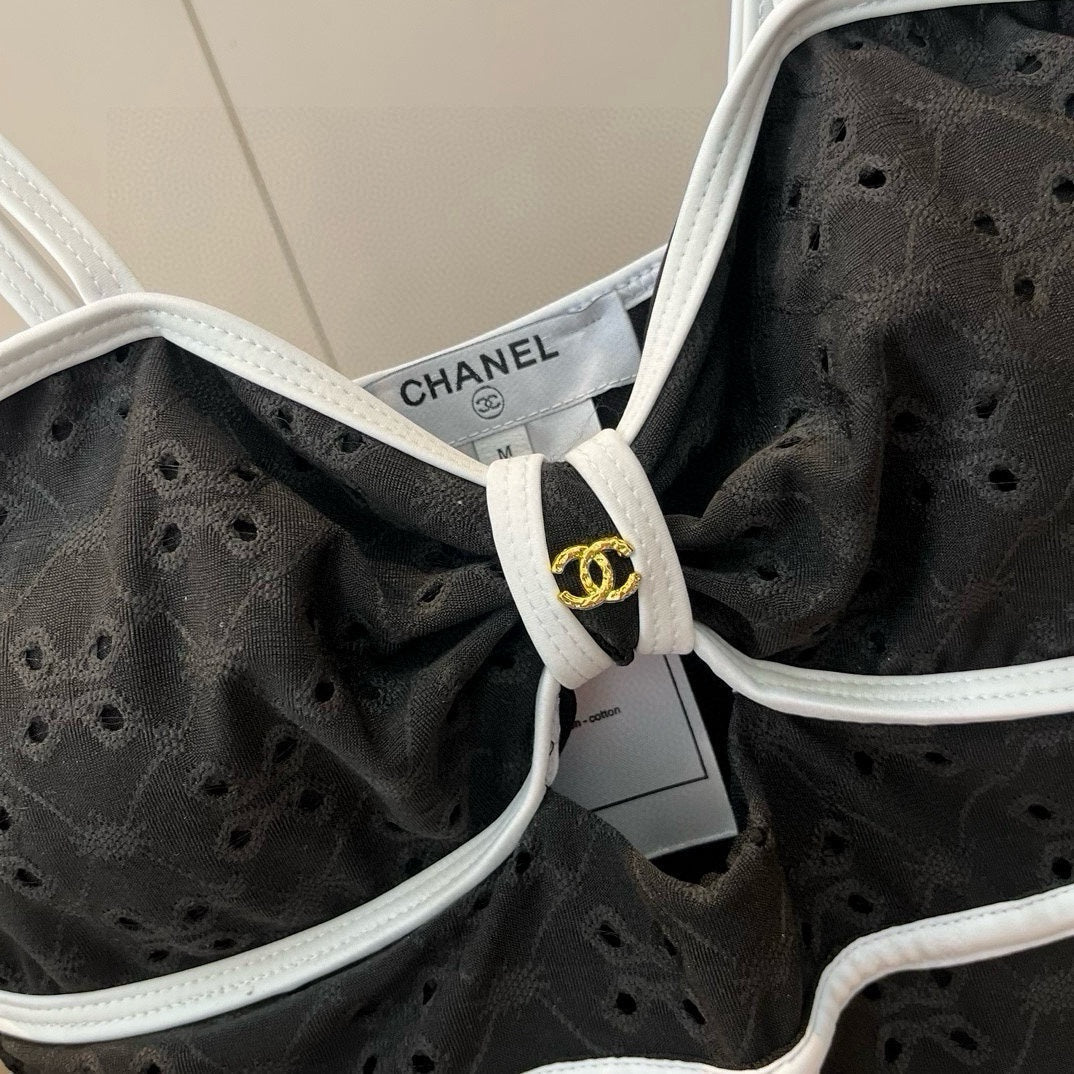 CHANEL BIKINI SWIMSUIT SET IN BLACK AND WHITE TRIM 594785
