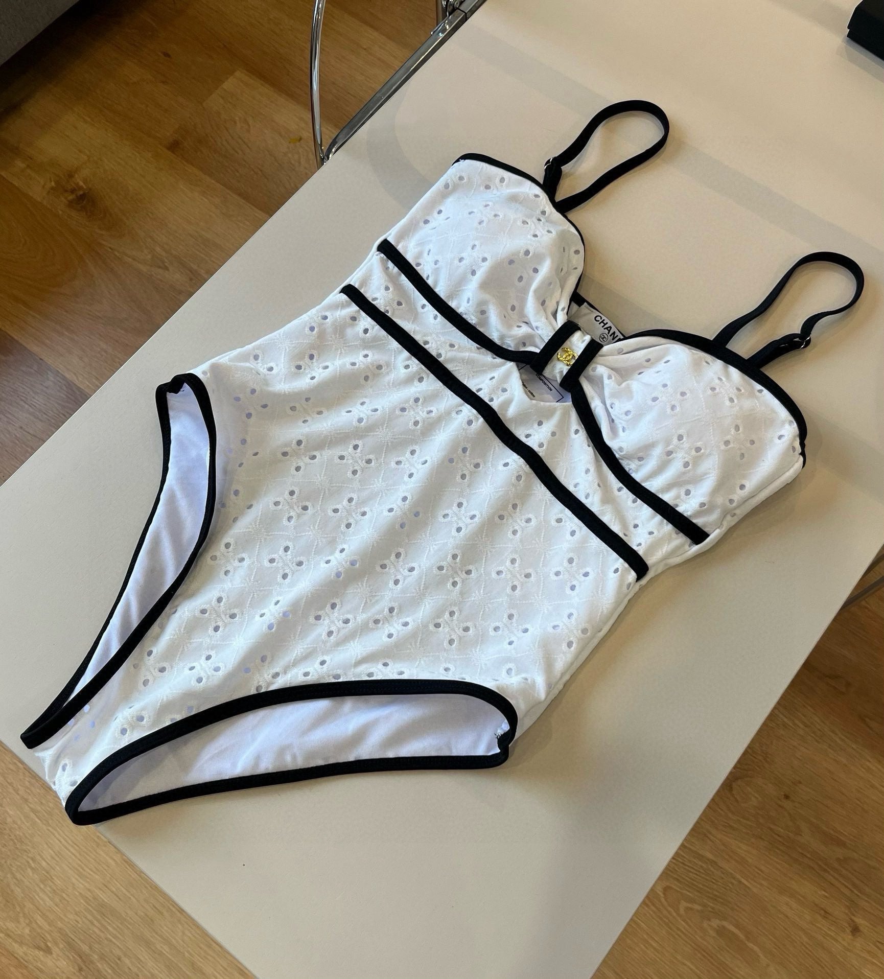 CHANEL BIKINI SWIMSUIT SET IN WHITE AND BLACK TRIM 594786