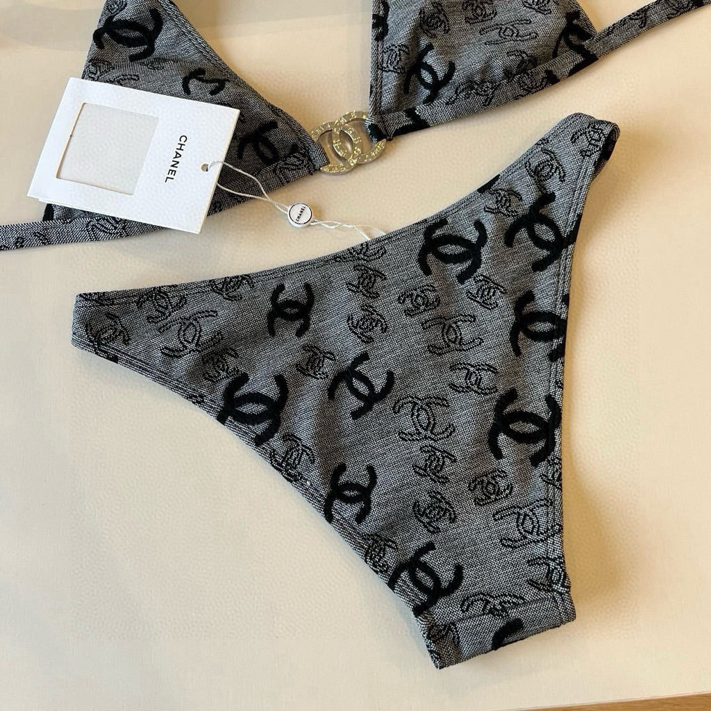 CHANEL SWIMSUIT IN GREY AND BLACK PRINTED LOGO 604224