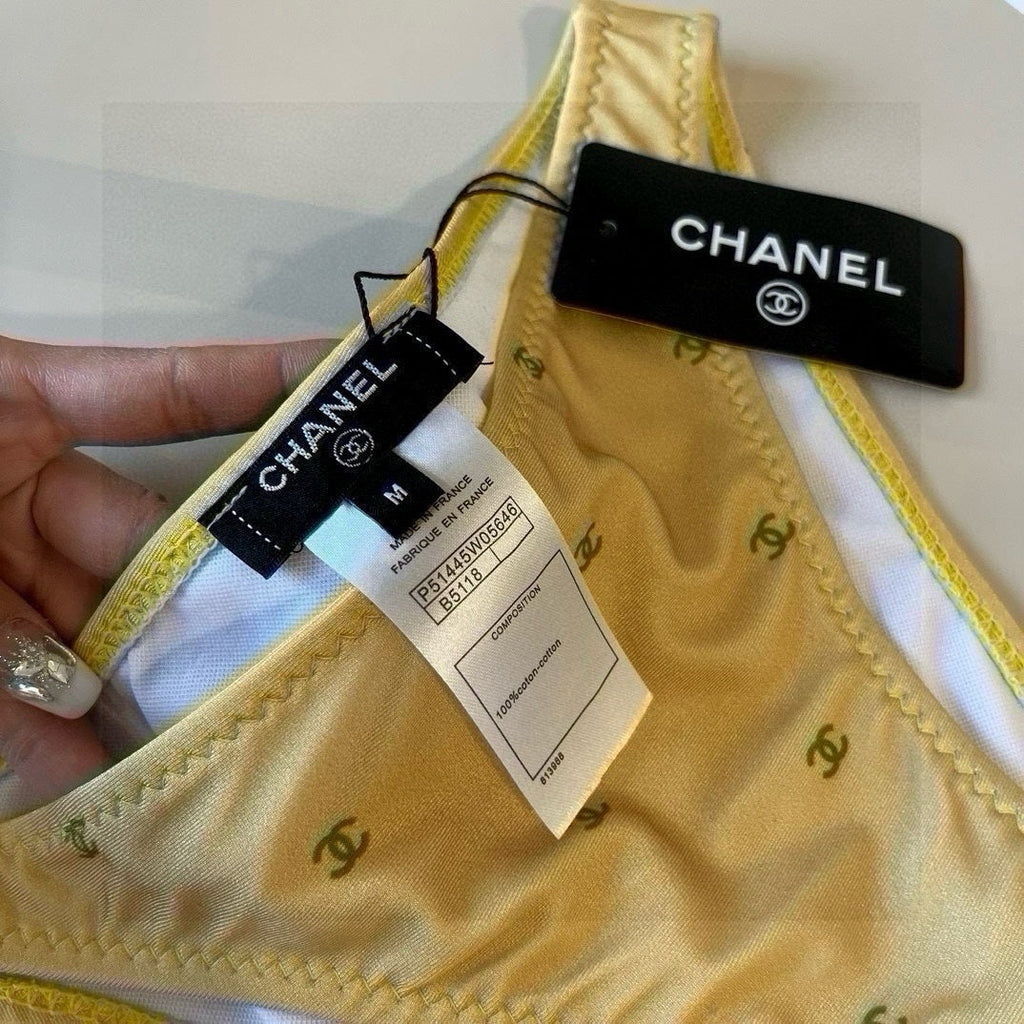 CHANEL BIKINI SWIMSUIT SET IN YELLOW AND GREEN LOGO 606523