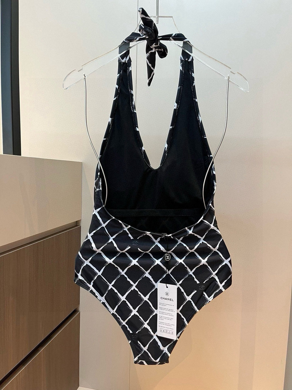 CHANEL BIKINI SWIMSUIT SET IN WHITE CHECKERED PRINT ON BLACK BACKGROUND 624545