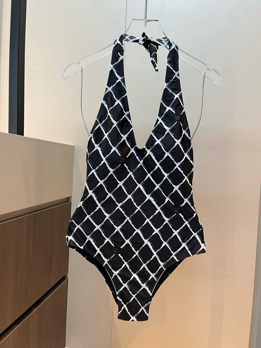 CHANEL BIKINI SWIMSUIT SET IN WHITE CHECKERED PRINT ON BLACK BACKGROUND 624545