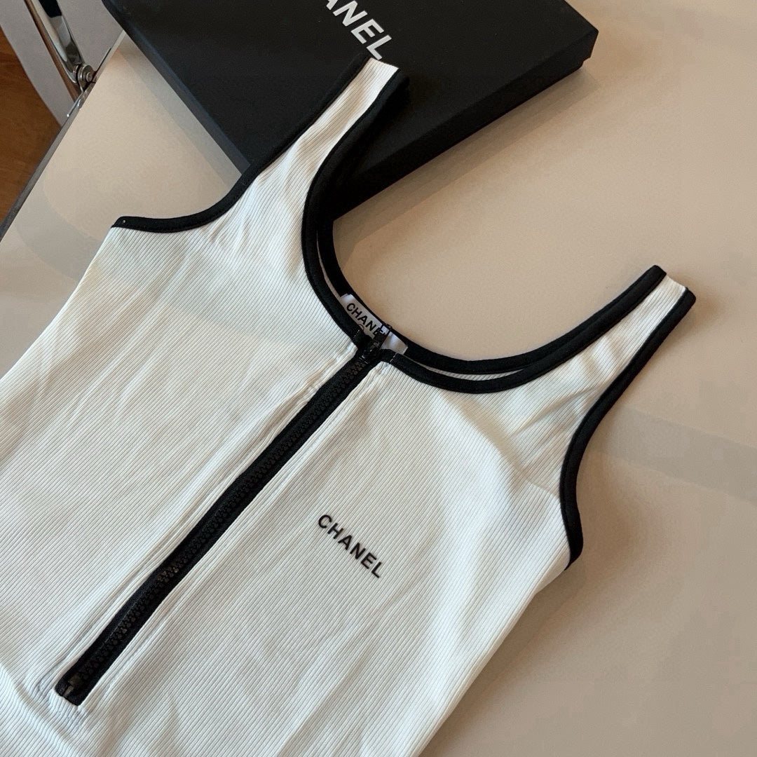 CHANEL BIKINI SWIMSUIT SET IN WHITE AND BLACK TRIM 625974