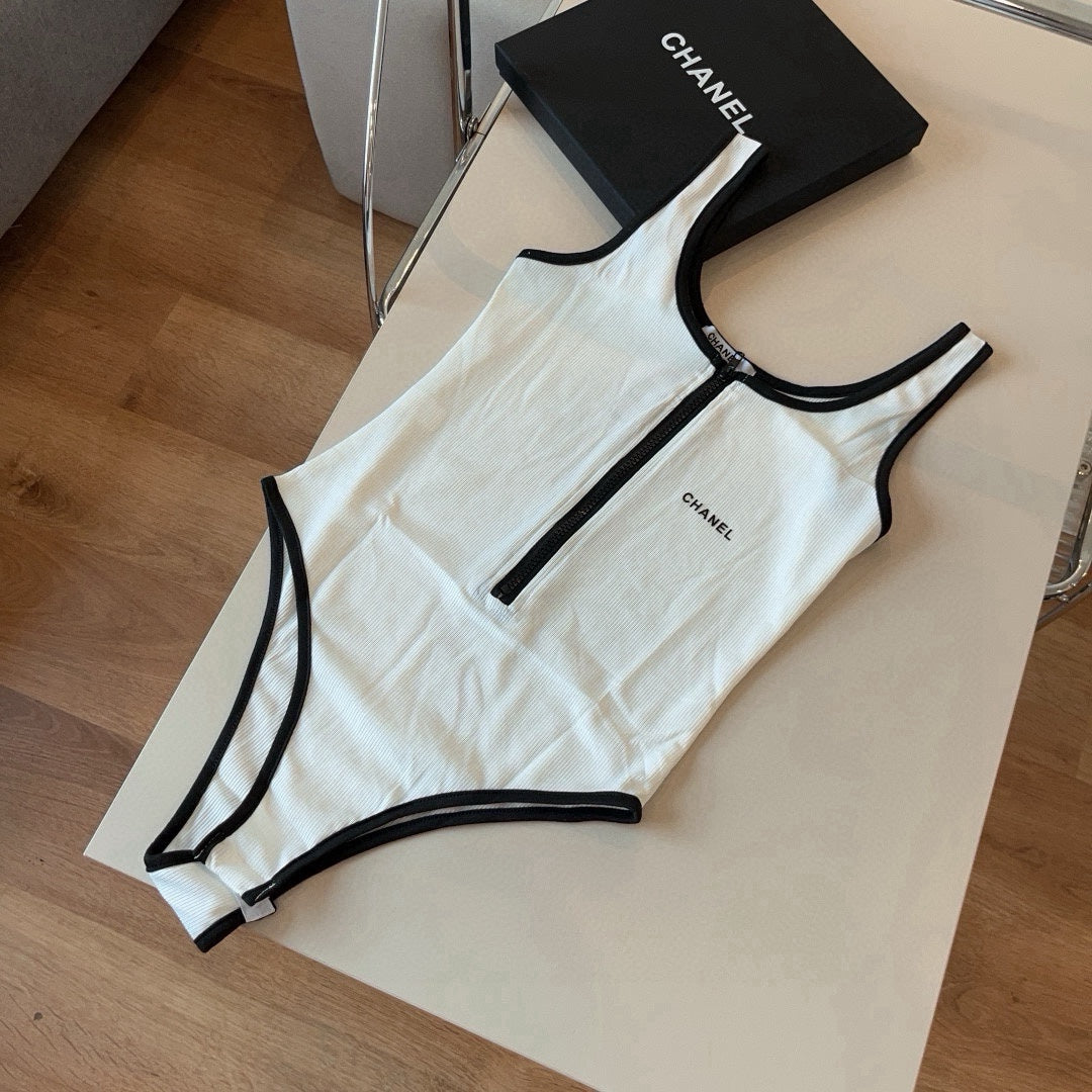 CHANEL BIKINI SWIMSUIT SET IN WHITE AND BLACK TRIM 625974