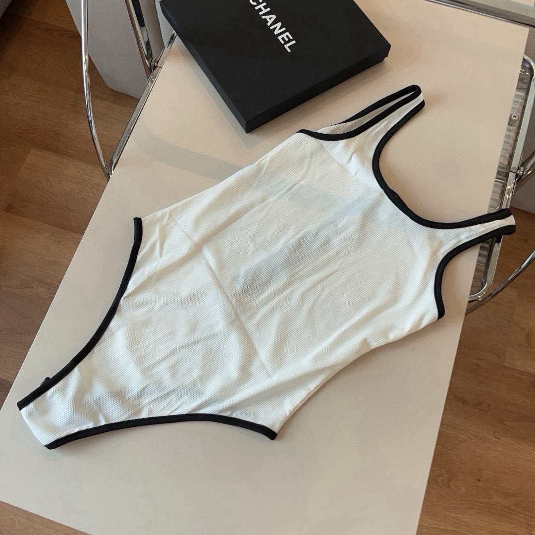 CHANEL BIKINI SWIMSUIT SET IN WHITE AND BLACK TRIM 625974