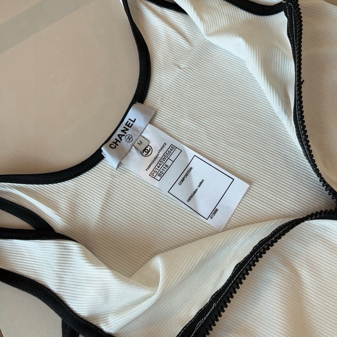 CHANEL BIKINI SWIMSUIT SET IN WHITE AND BLACK TRIM 625974
