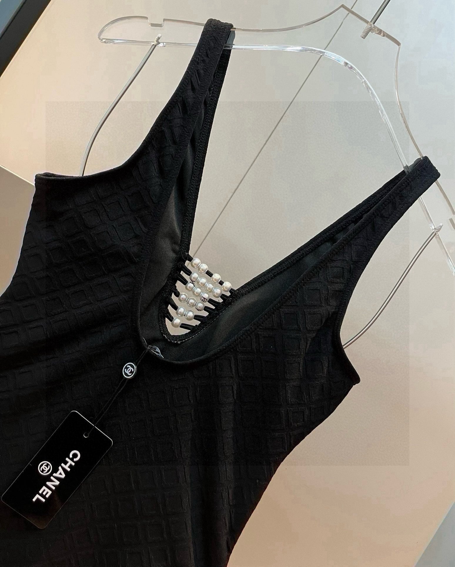 CHANEL SWIMSUIT IN BLACK COTTON MIX PEARL PRINTED LOGO 627819