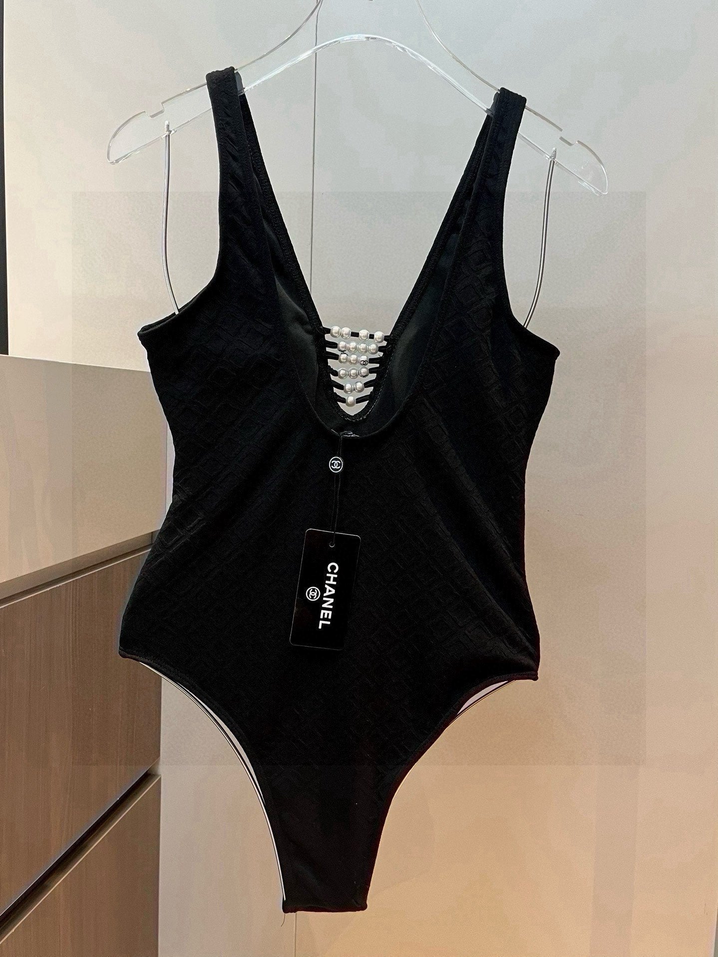 CHANEL SWIMSUIT IN BLACK COTTON MIX PEARL PRINTED LOGO 627819