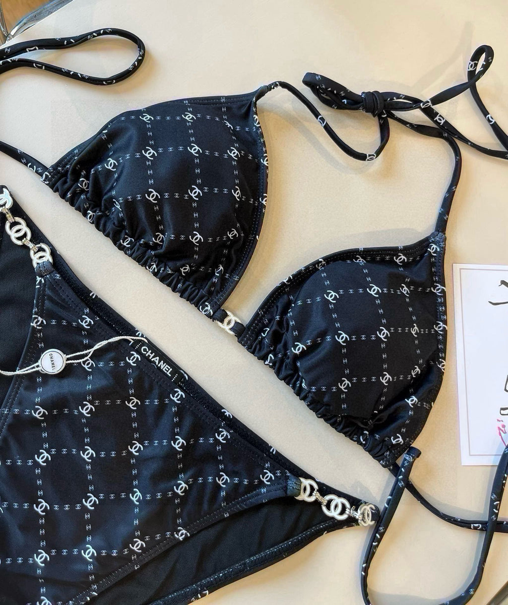 CHANEL BIKINI SWIMSUIT SET IN BLACK AND WHITE PLAID 629230