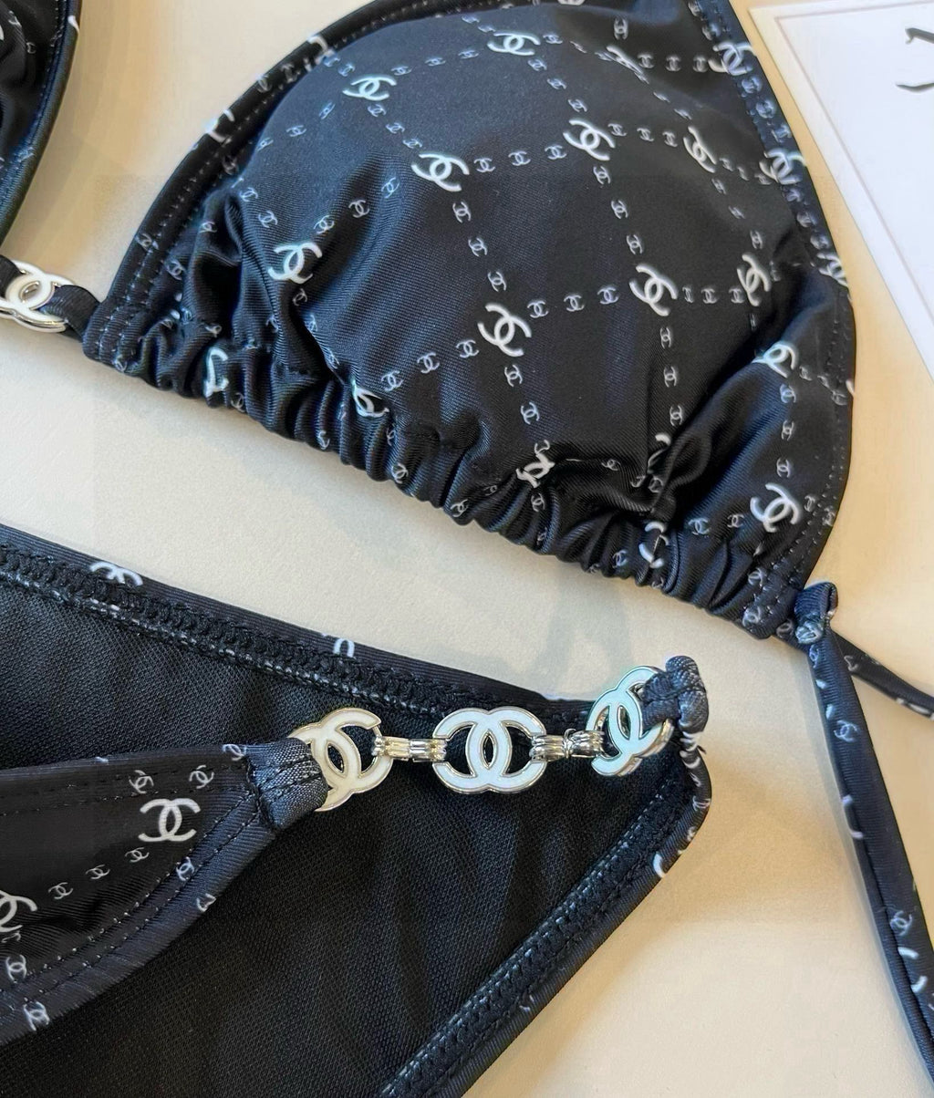 CHANEL BIKINI SWIMSUIT SET IN BLACK AND WHITE PLAID 629230