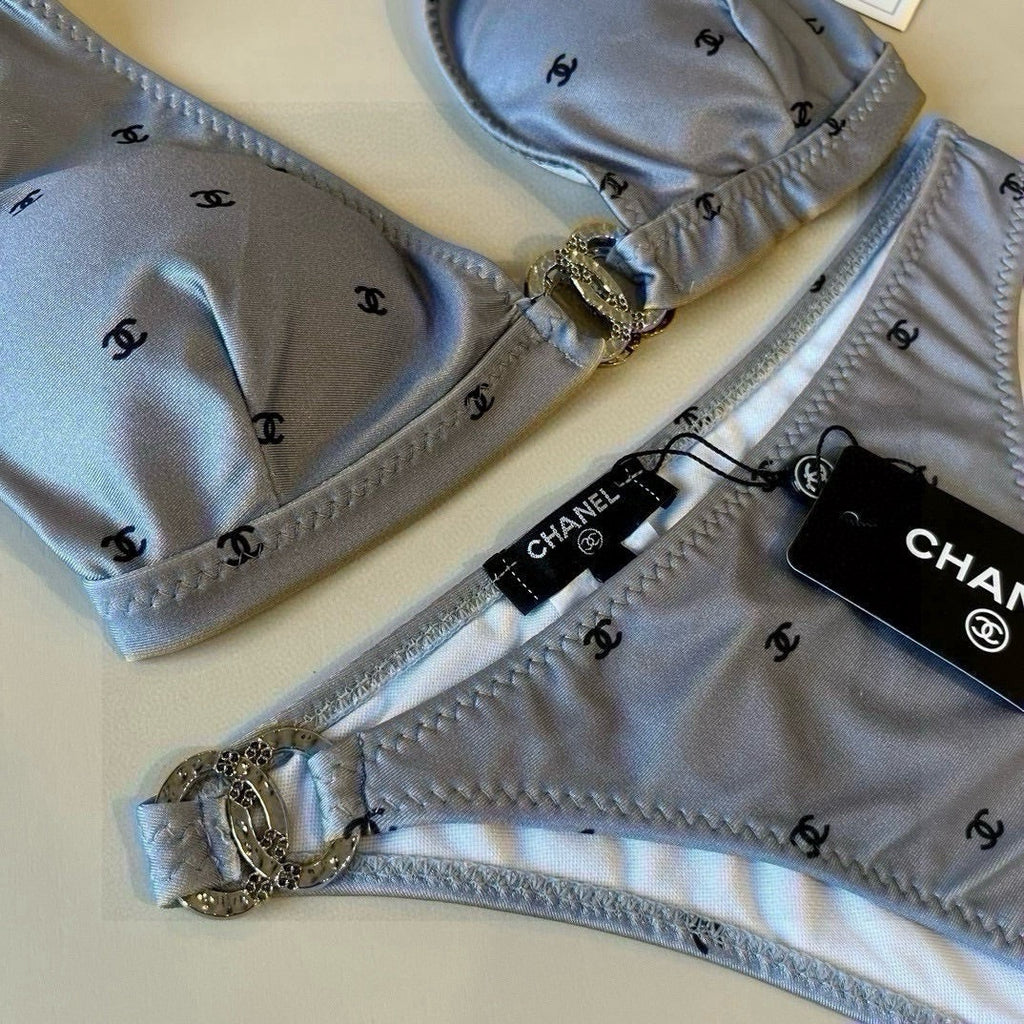 CHANEL BIKINI SWIMSUIT SET IN GREY PRINTED LOGO 629237