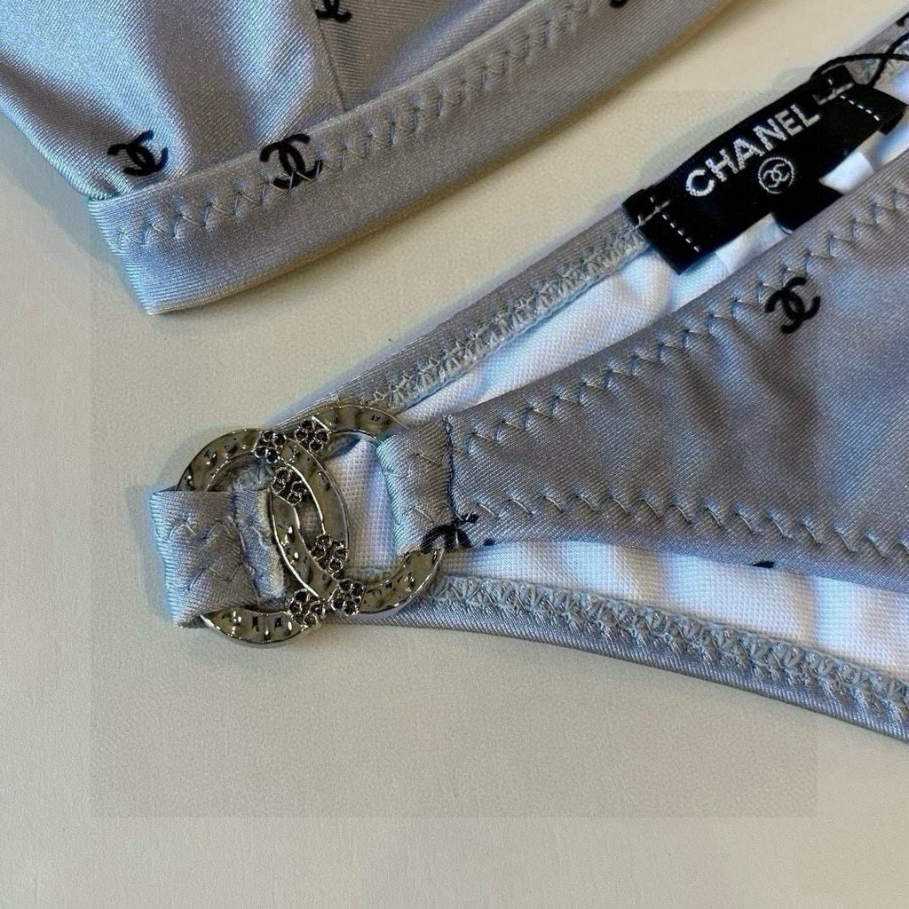 CHANEL BIKINI SWIMSUIT SET IN GREY PRINTED LOGO 629237