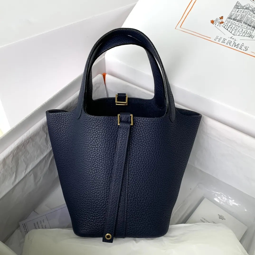 gold Hermès Navy Picotin 18