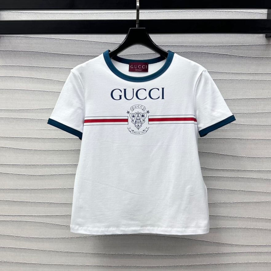 GUCCI White Blue Cotton Jersey T-shirt With Print