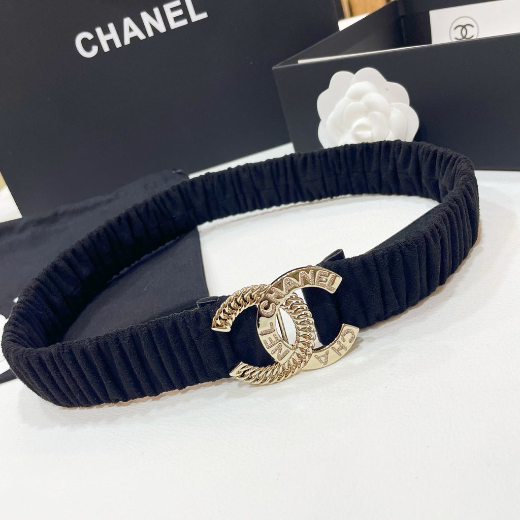 CHANEL DOUBLE 30MM STRETCH BELT IN BLACK SUEDUE WITH GOLD CHAIN BUCKLE CRYSTAL DETAIL