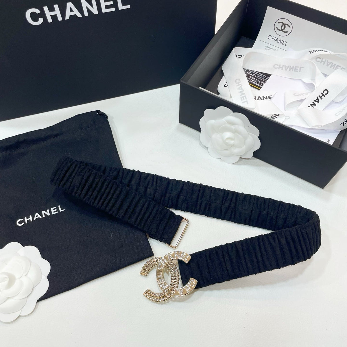 CHANEL DOUBLE 30MM STRETCH BELT IN BLACK SUEDUE WITH GOLD CHAIN BUCKLE CRYSTAL DETAIL