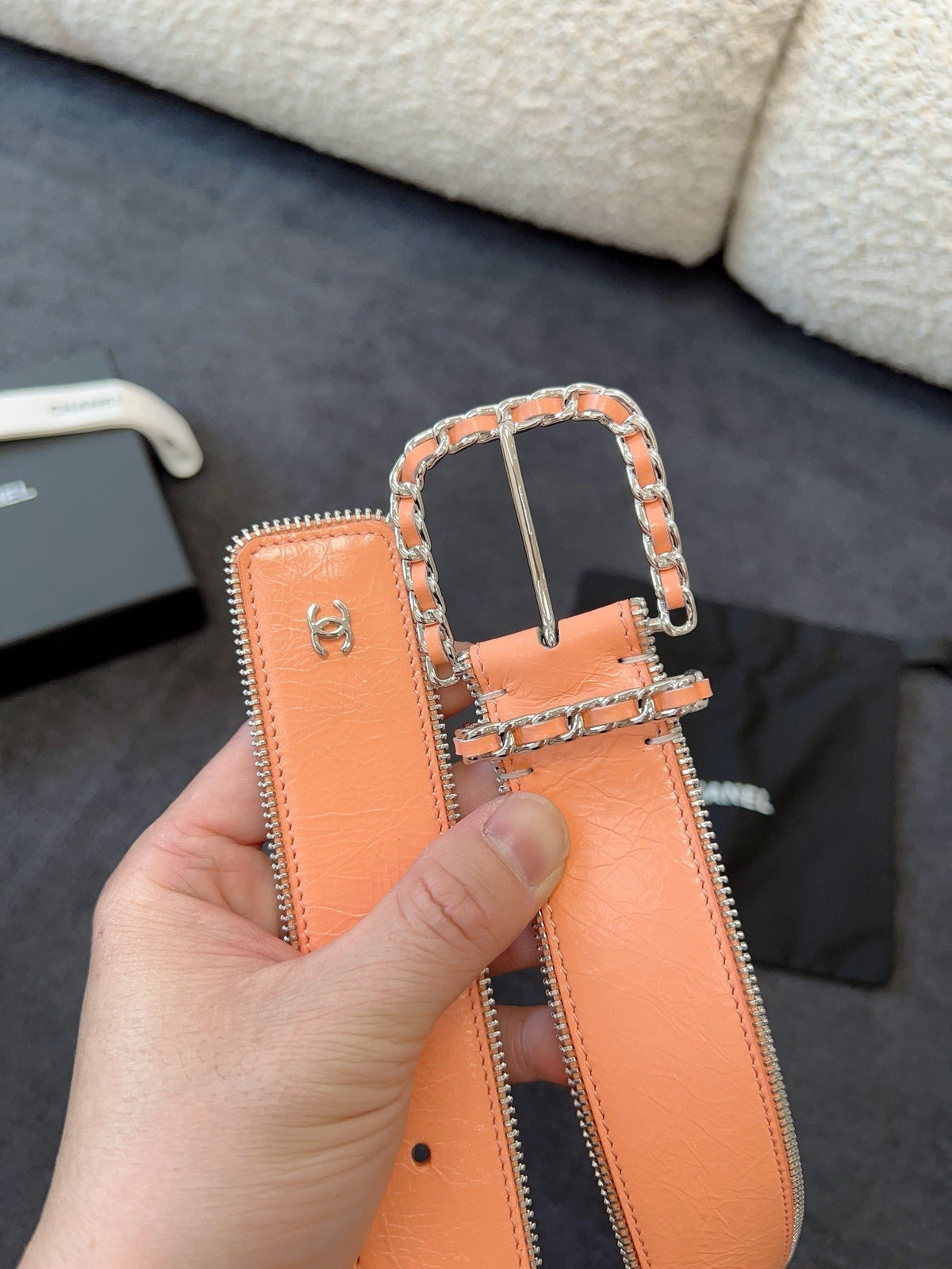 CHANEL BELT 40MM IN CORAL CALFSKIN WITH INTERWOVEN CHAIN BUCKLE ZIPPER IN TRIM SILVER HARDWARE