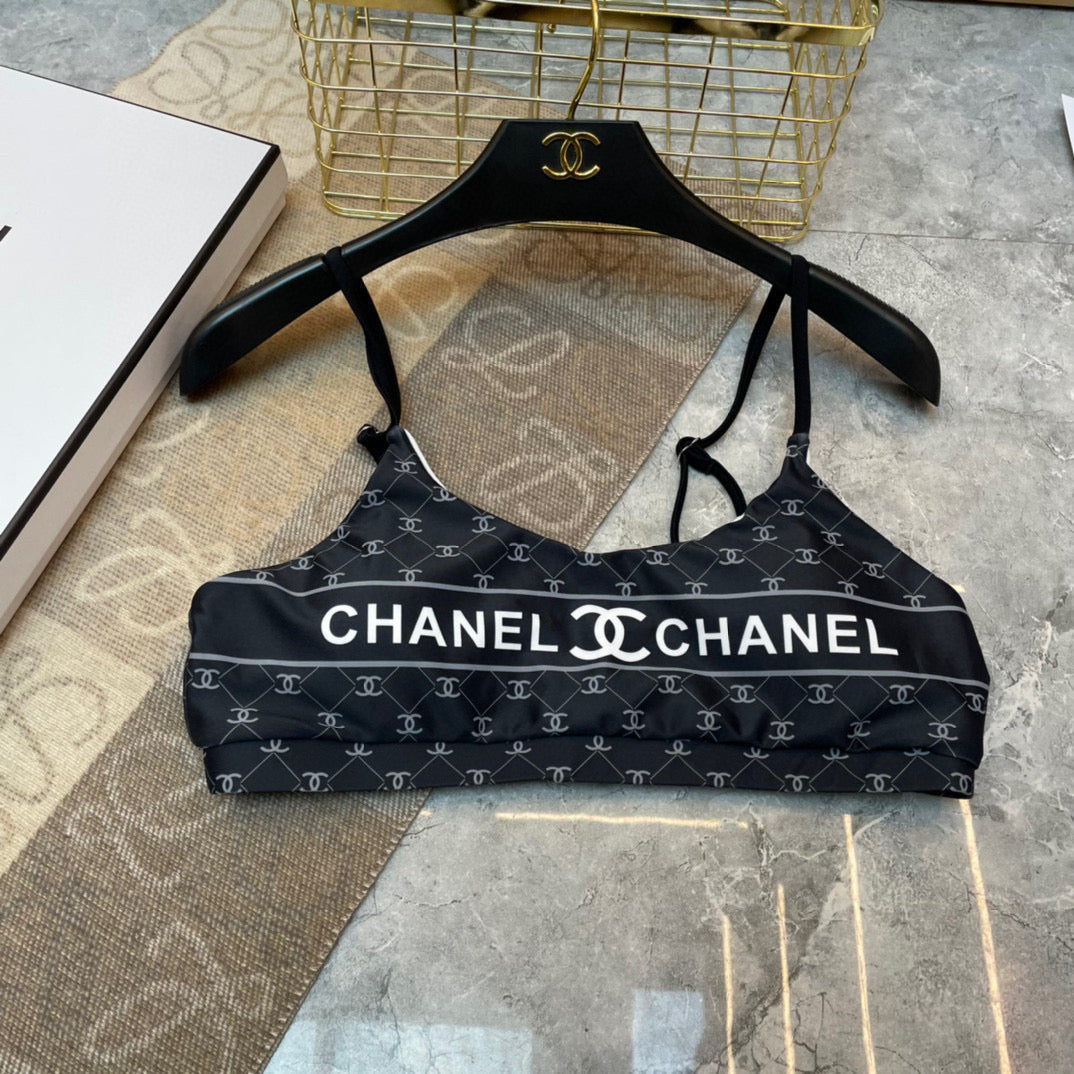 CHANEL BIKINI SWIMSUIT SET IN BLACK AND WHITE LOGO PRINTED 581298