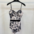 CHANEL BIKINI SWIMSUIT SET IN IVORY WITH BLACK VELVET FLORAL EMBROIDERY 581303