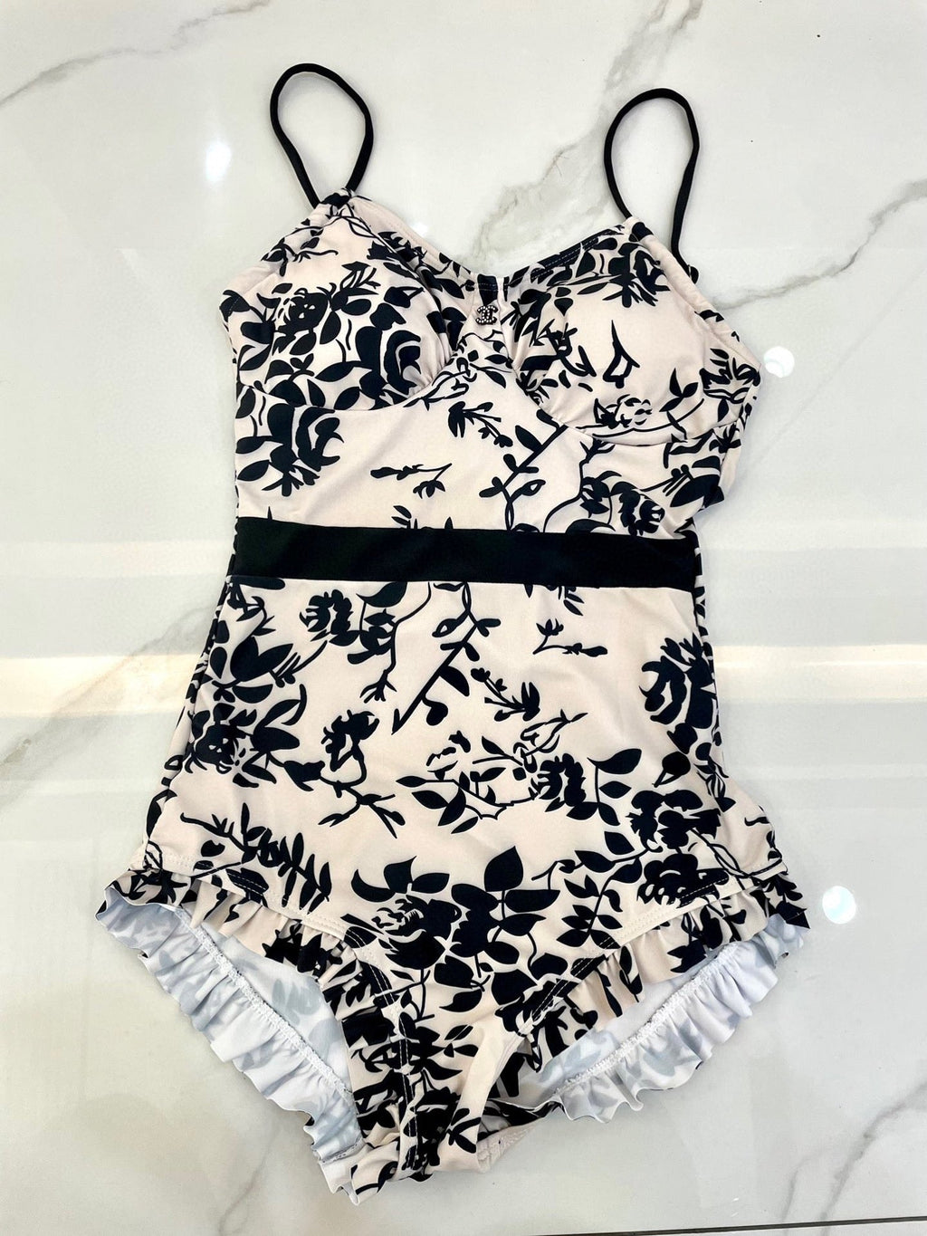 CHANEL BIKINI SWIMSUIT SET IN IVORY WITH BLACK VELVET FLORAL EMBROIDERY 581303