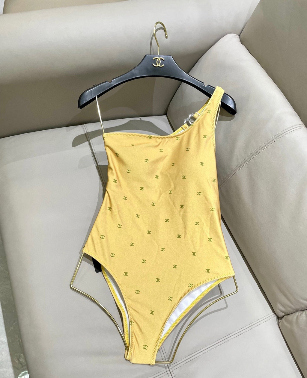 CHANEL BIKINI SWIMSUIT SET IN YELLOW AND GREEN LOGO 593033