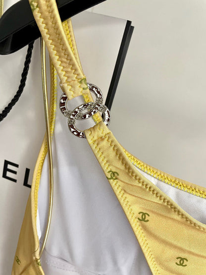 CHANEL BIKINI SWIMSUIT SET IN YELLOW AND GREEN LOGO 593033