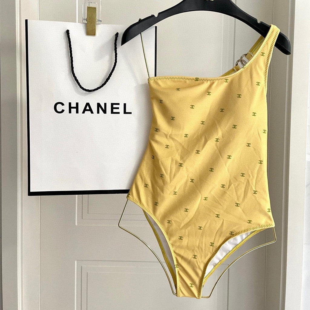 CHANEL BIKINI SWIMSUIT SET IN YELLOW AND GREEN LOGO 593033