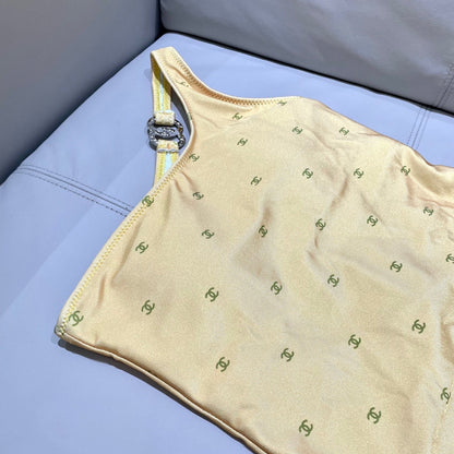 CHANEL BIKINI SWIMSUIT SET IN YELLOW AND GREEN LOGO 593033