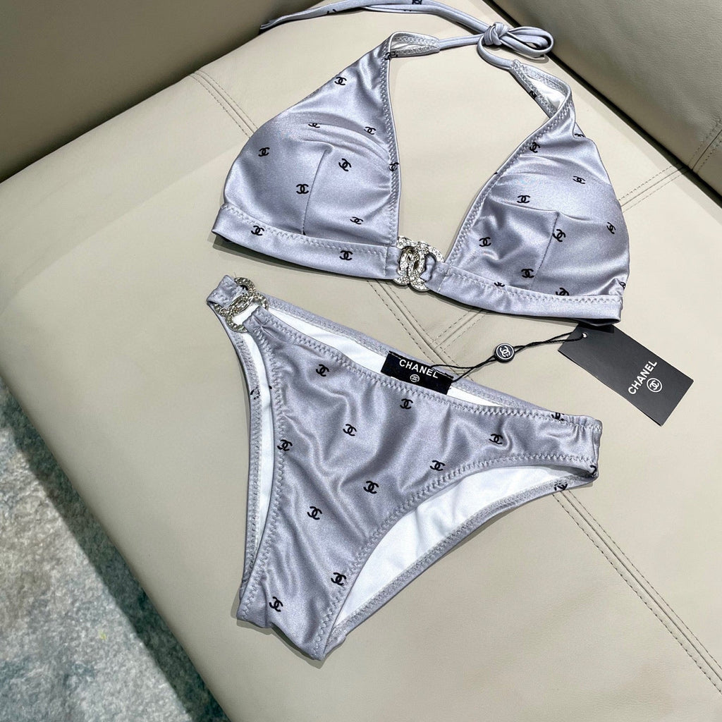 CHANEL BIKINI SWIMSUIT SET IN GREY AND BLACK LOGO 599155