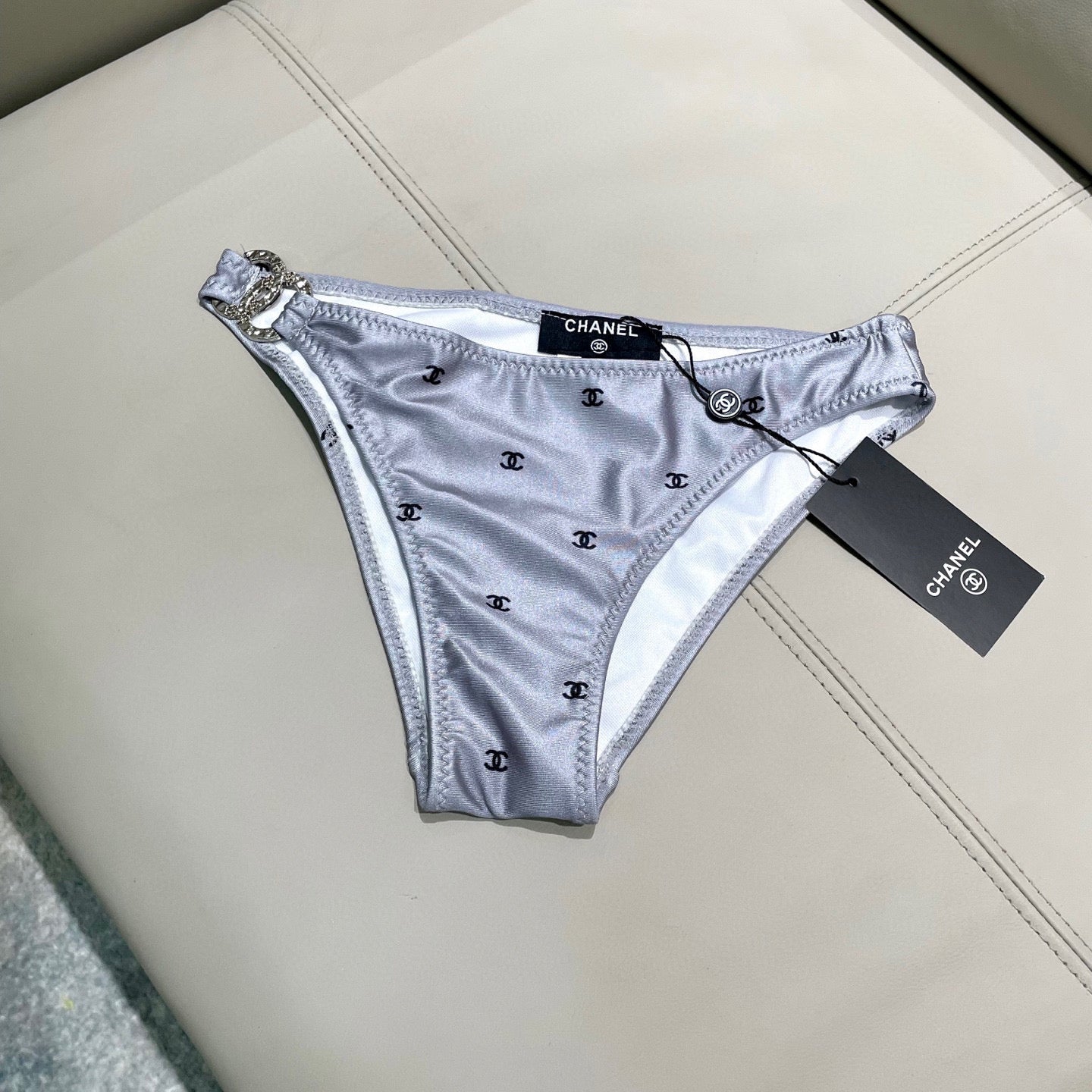 CHANEL BIKINI SWIMSUIT SET IN GREY AND BLACK LOGO 599155