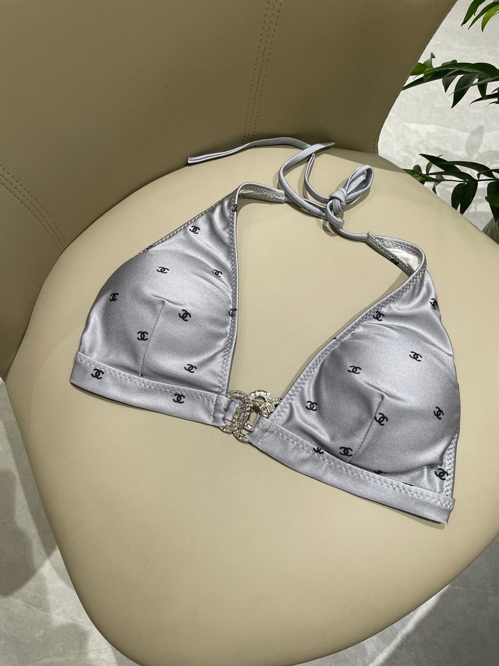 CHANEL BIKINI SWIMSUIT SET IN GREY AND BLACK LOGO 599155