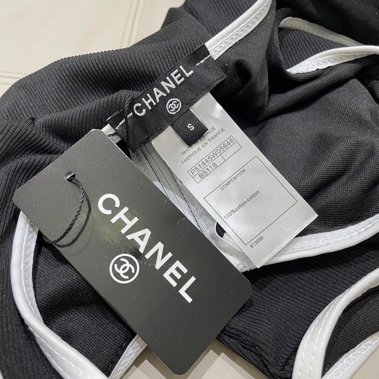 CHANEL BIKINI SWIMSUIT SET IN BLACK AND WHITE TRIM 604255