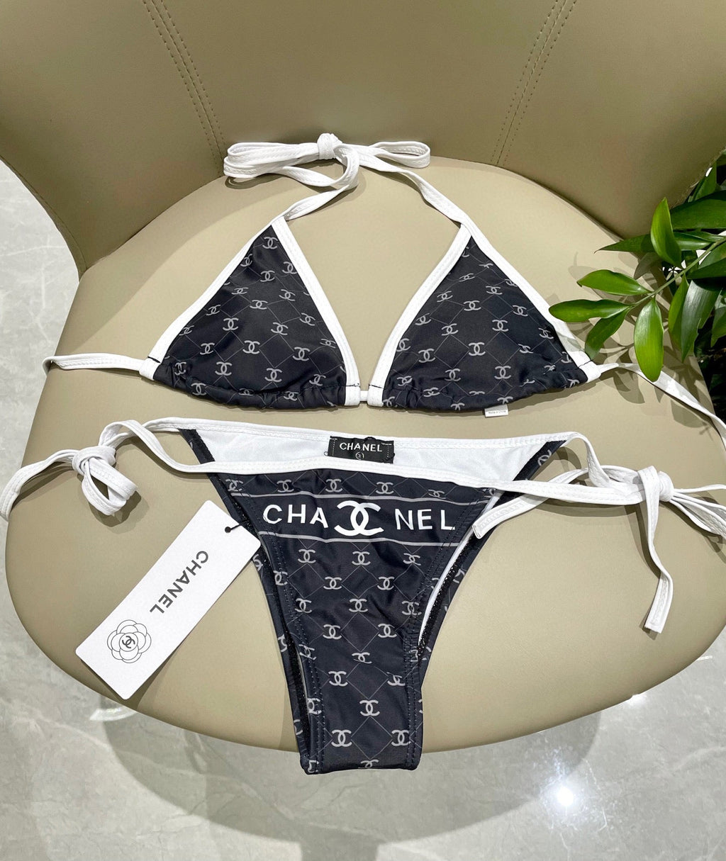 CHANEL BIKINI SWIMSUIT SET IN BLACK AND WHITE TRIM WHITE LOGO PRINTED 608921