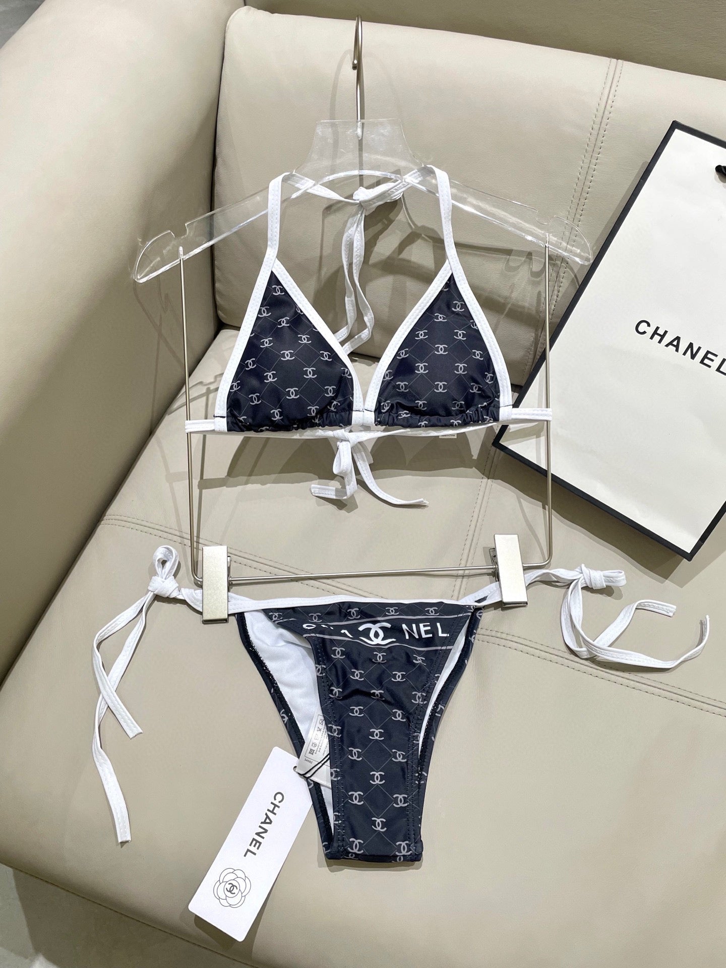 CHANEL BIKINI SWIMSUIT SET IN BLACK AND WHITE TRIM WHITE LOGO PRINTED 608921