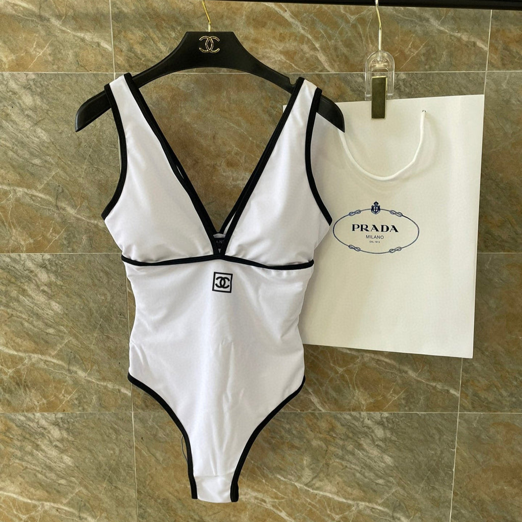 CHANEL BIKINI SWIMSUIT SET IN WHITE AND BLACK TRIM 613724