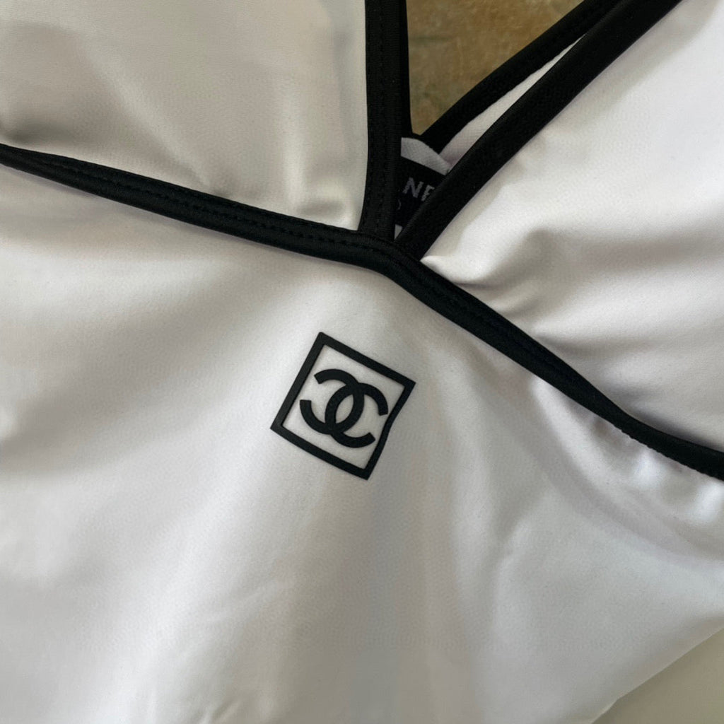 CHANEL BIKINI SWIMSUIT SET IN WHITE AND BLACK TRIM 613724