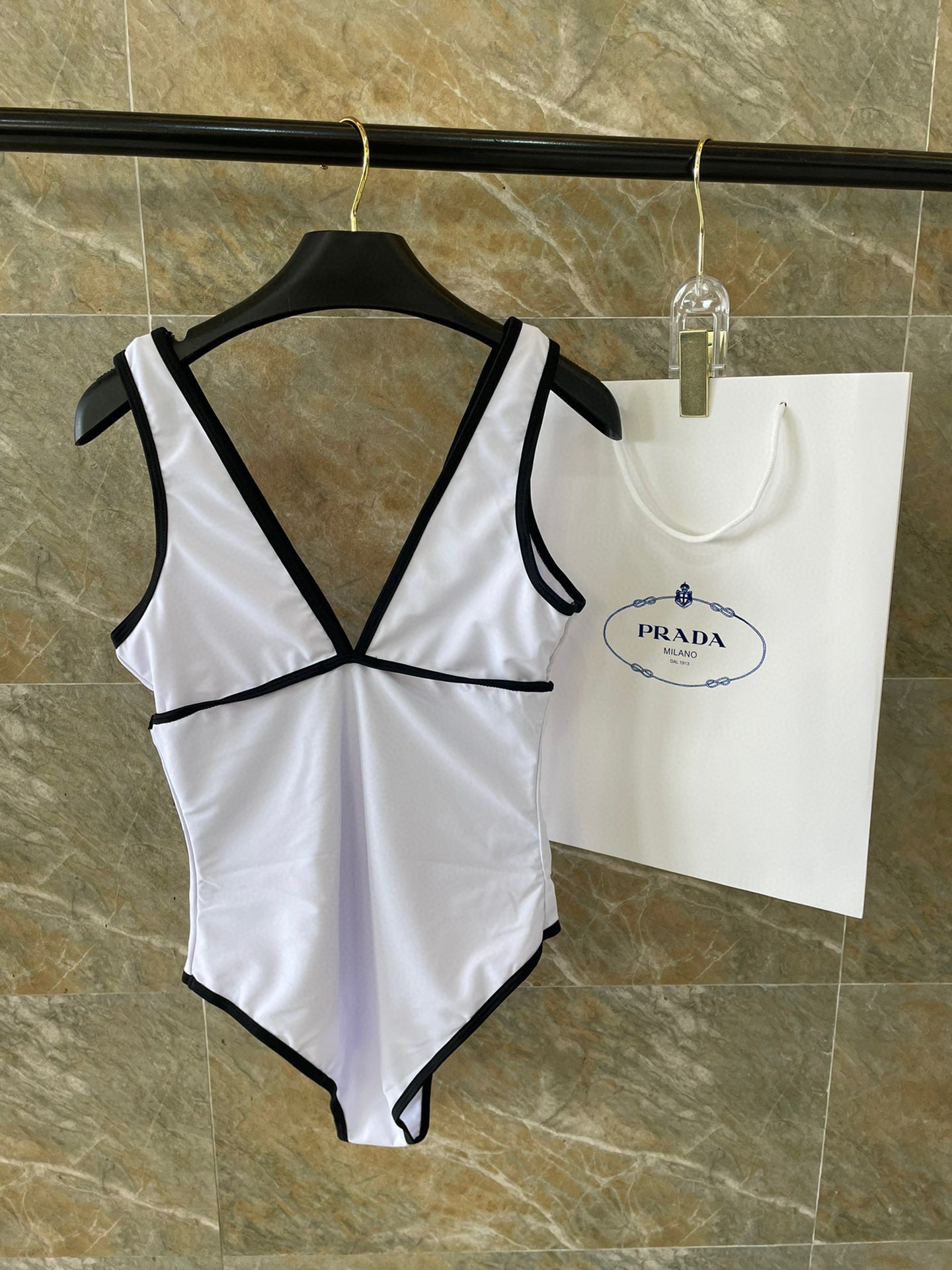 CHANEL BIKINI SWIMSUIT SET IN WHITE AND BLACK TRIM 613724