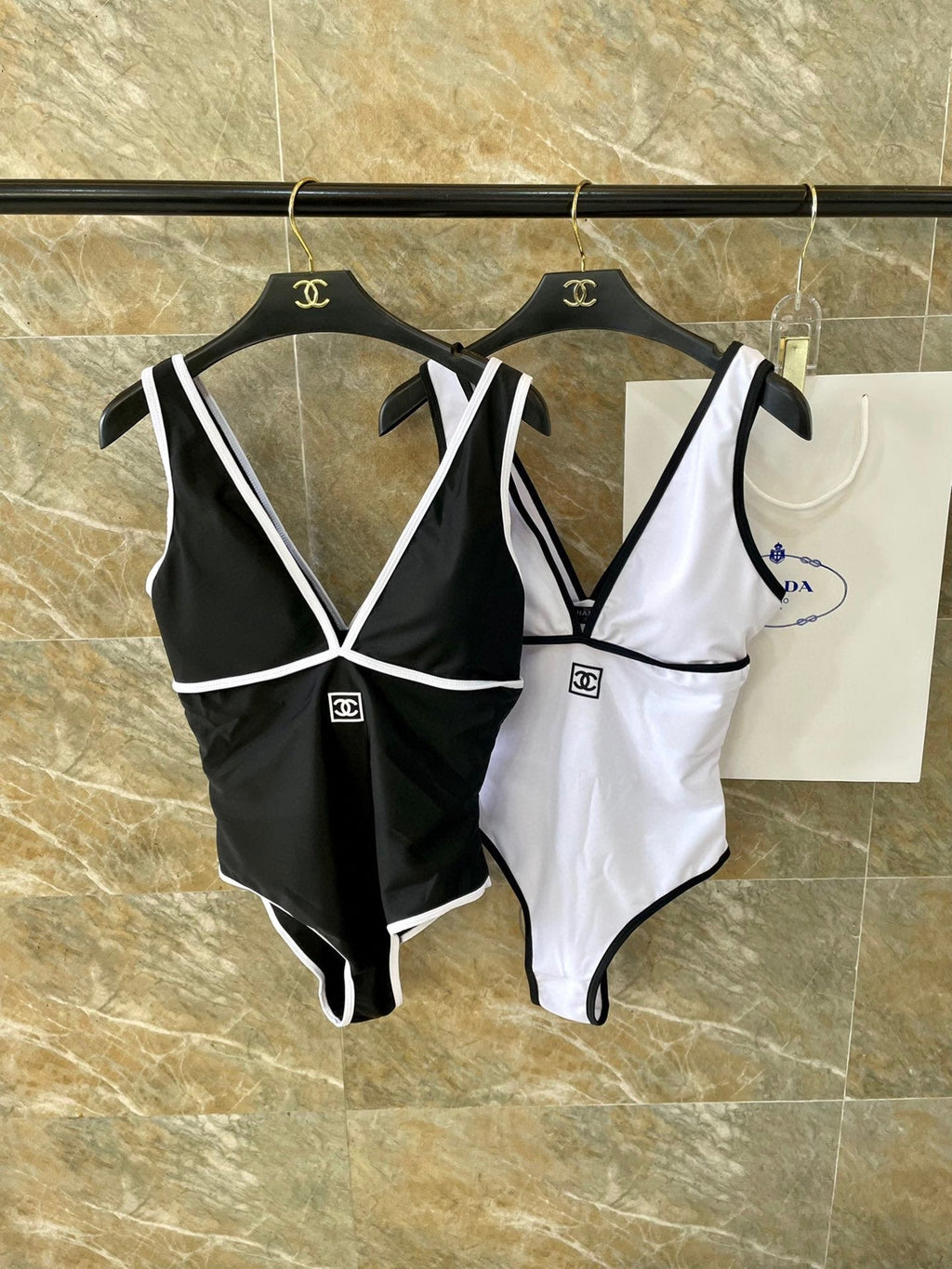 CHANEL BIKINI SWIMSUIT SET IN WHITE AND BLACK TRIM 613724