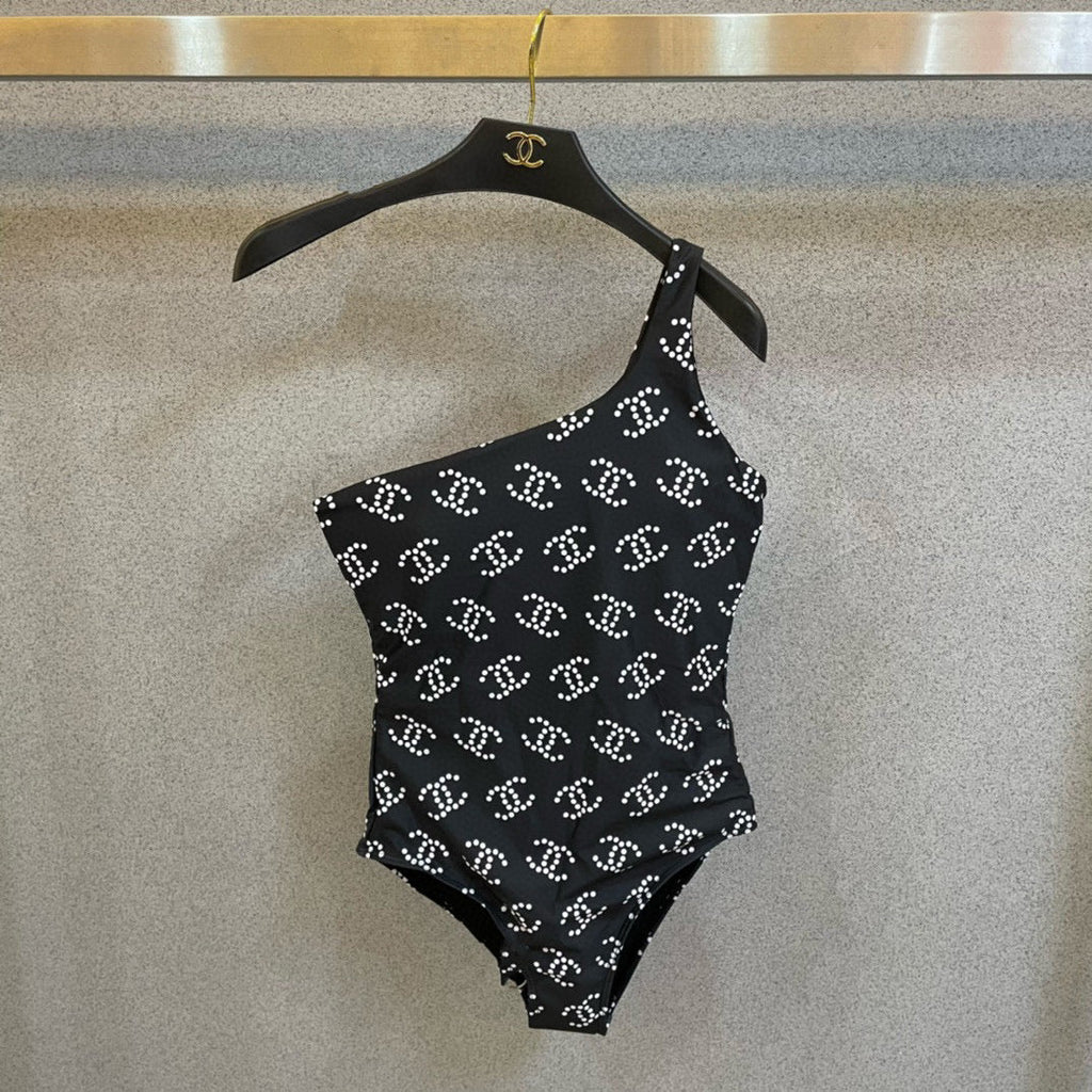 CHANEL BIKINI SWIMSUIT SET IN BLACK AND WHITE LOGO PRINTED 615195