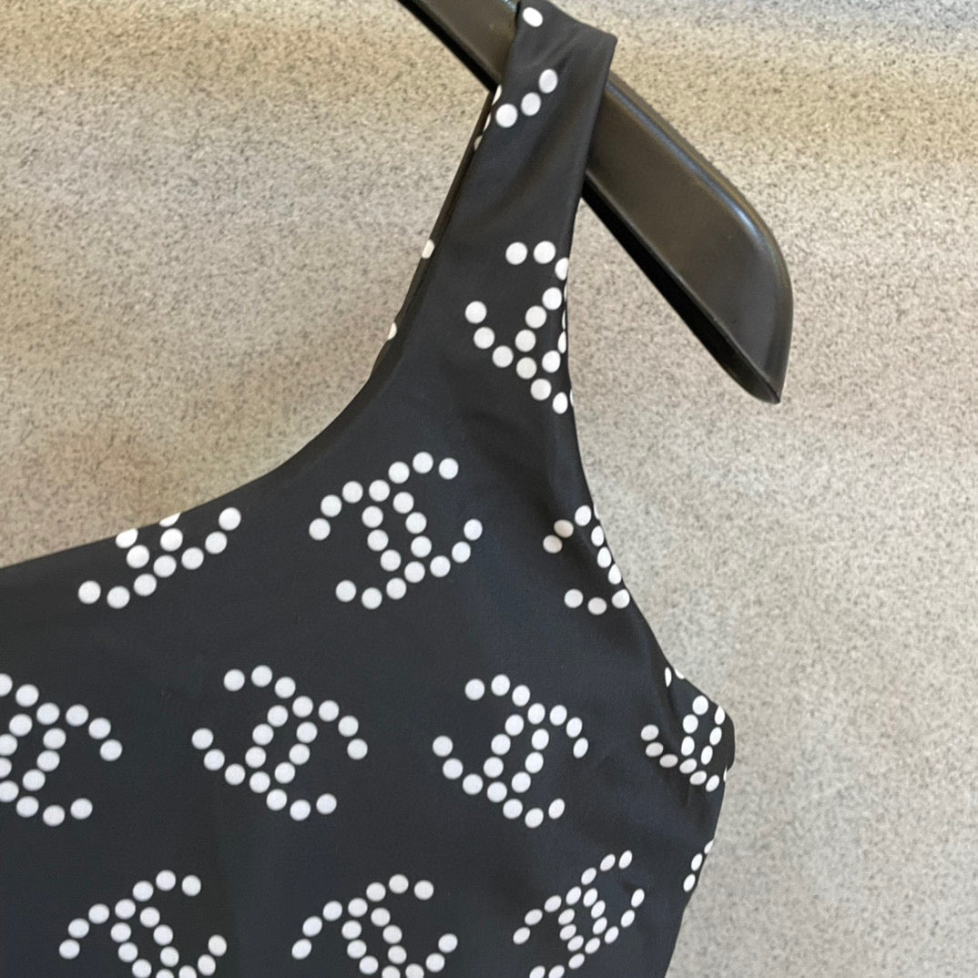 CHANEL BIKINI SWIMSUIT SET IN BLACK AND WHITE LOGO PRINTED 615195