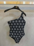CHANEL BIKINI SWIMSUIT SET IN BLACK AND WHITE LOGO PRINTED 615195