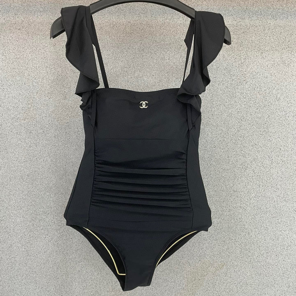 CHANEL BIKINI SWIMSUIT SET IN BLACK ATTACHED WITH GOLD METAL LOGO 615196